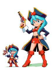 Rule 34 | aqua hair, blue eyes, boots, breasts, coat, gun, hand on own hip, hat, heart, highres, holding, holding gun, holding weapon, long hair, long sleeves, miniskirt, multiple views, navel, open clothes, open coat, original, pirate hat, pixel art, pixelflag, red footwear, red skirt, simple background, skirt, small breasts, weapon, white background