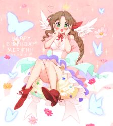 Rule 34 | 1girl, :d, aerith gainsborough, ahoge, alternate costume, bad id, bad pixiv id, blush, bow, breasts, brown hair, bug, butterfly, character name, cleavage, drill hair, drill ponytail, final fantasy, final fantasy vii, floating hair, flower, full body, green eyes, hair bow, hair intakes, happy birthday, heart, heart ahoge, insect, jewelry, krudears, layered skirt, long hair, looking at viewer, medium breasts, miniskirt, multicolored clothes, multicolored skirt, open mouth, pink background, pink flower, pink ribbon, red bow, red footwear, red ribbon, ribbon, ring, skirt, smile, solo, wrist ribbon