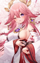 Rule 34 | 1girl, absurdres, bare shoulders, blurry, blurry background, branch, breasts, depth of field, detached sleeves, genshin impact, hair between eyes, hakama, hakama skirt, highres, japanese clothes, large breasts, long hair, long sleeves, looking at viewer, obi, one eye closed, parted lips, pink hair, purple eyes, red hakama, ribbon-trimmed sleeves, ribbon trim, sapphire (sapphire25252), sash, shirt, sideboob, skirt, sleeveless, sleeveless shirt, sleeves past wrists, smile, solo, very long hair, white shirt, white sleeves, wide sleeves, yae miko