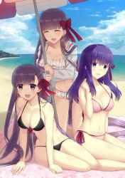Rule 34 | 10s, 3girls, :d, absurdly long hair, absurdres, arm support, bare arms, bare shoulders, bb (fate), bb (fate/extra), beach, bikini, black bikini, blue sky, blush, bow, breasts, cleavage, closed eyes, cloud, collarbone, day, fate/extra, fate/extra ccc, fate/stay night, fate (series), fingernails, frilled bikini, frills, front-tie bikini top, front-tie top, hair bow, highres, hood, hood down, hoodie, horizon, large breasts, long hair, looking at viewer, matou sakura, multiple girls, navel, ocean, open clothes, open hoodie, open mouth, ouhina, outdoors, passionlip (fate), pink bikini, purple eyes, purple hair, red bow, sand, side-tie bikini bottom, sitting, sky, smile, swimsuit, teeth, upper teeth only, v-shaped eyebrows, very long hair, water, white hoodie