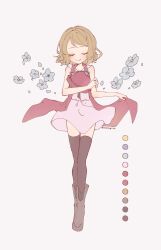 Rule 34 | 1girl, blonde hair, boots, brown footwear, brown thighhighs, closed eyes, closed mouth, color guide, commentary request, creatures (company), dress, eyelashes, flower, full body, game freak, hat, unworn hat, unworn headwear, highres, medium hair, nintendo, petals, pink dress, pokemon, pokemon (anime), pokemon xy (anime), serena (pokemon), simple background, smile, solo, sumeragi1101, thighhighs, white background