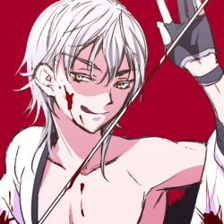 Rule 34 | 10s, 1boy, bad id, bad pixiv id, black gloves, blood, gloves, japanese clothes, licking lips, male focus, natsuhachi, open clothes, partially fingerless gloves, red background, silver hair, simple background, solo, sword, tongue, tongue out, touken ranbu, tsurumaru kuninaga, upper body, weapon, yellow eyes