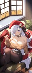 Rule 34 | 1girl, absurdly long hair, absurdres, aran sweater, azur lane, belfast (azur lane), belfast (shopping with the head maid) (azur lane), breasts, brown pantyhose, brown skirt, brown sweater, cable knit, cleavage, earrings, food, highres, holding, holding food, holding pocky, hoop earrings, huge breasts, indoors, jewelry, large breasts, light purple hair, long hair, looking at viewer, manjuu (azur lane), miniskirt, off-shoulder sweater, off shoulder, official alternate costume, pantyhose, pencil skirt, pocky, purple eyes, raiou, red headwear, sitting, skirt, solo, sweater, very long hair, window