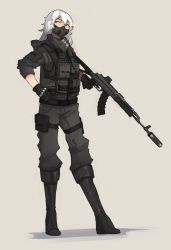 Rule 34 | 1girl, assault rifle, belt, black gloves, boots, brown belt, brown footwear, brown pants, commentary, commission, english commentary, female focus, full body, gloves, grey background, gun, hair between eyes, hand on own hip, highres, holding, holding gun, holding weapon, knee boots, long hair, long sleeves, looking up, mask, mouth mask, original, pants, pants tucked in, pouch, respirator, rifle, shiny clothes, shuuko (s h uuko), simple background, solo, standing, tactical clothes, weapon, white hair