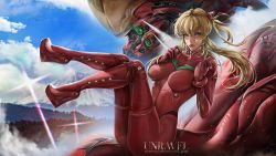 Rule 34 | 1girl, blonde hair, blue eyes, blue sky, bodysuit, boots, breasts, candy, cloud, cloudy sky, curvy, eva 02, evangelion: 3.0 you can (not) redo, floating hair, food, hair ornament, high heels, lollipop, long hair, mecha, mountain, mountainous horizon, neon genesis evangelion, plugsuit, rebuild of evangelion, robot, skin tight, sky, souryuu asuka langley, thigh boots, thighhighs, unravel, very long hair, wide hips