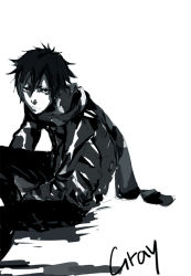 Rule 34 | 00s, 1boy, bad id, bad pixiv id, black hair, casual, character name, fairy tail, gray fullbuster, greyscale, jacket, male focus, mendee, monochrome, scarf, short hair, solo, white background