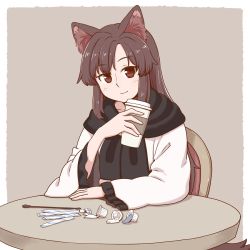 Rule 34 | 1girl, animal ear fluff, animal ears, black scarf, border, brown hair, closed mouth, commentary, creamer packet, cup, dress, grey background, holding, holding cup, imaizumi kagerou, long sleeves, looking at viewer, poronegi, red eyes, scarf, simple background, sitting, smile, solo, table, tail, touhou, white border, white dress, wide sleeves, wolf ears, wolf tail