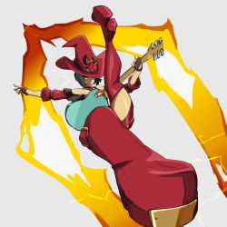 Rule 34 | 1girl, artist request, attack, black hair, boots, electricity, fingerless gloves, floating, gloves, grey background, guilty gear, guilty gear xrd, guitar, hat, heterochromia, high heels, holding, holding instrument, i-no, instrument, kicking, looking at viewer, mole, mole above mouth, o-ring, o-ring top, red footwear, red hat, red lips, red thighhighs, short hair, solo, thigh boots, thighhighs