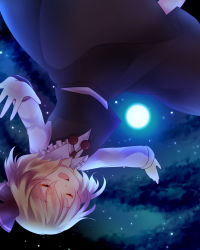 Rule 34 | 1girl, blonde hair, embodiment of scarlet devil, closed eyes, fang, female focus, flying, full moon, hair ribbon, highres, moon, night, night sky, open mouth, outstretched arms, ribbon, rumia, short hair, sky, smile, solo, spread arms, touhou, upside-down, uranaishi (miraura)