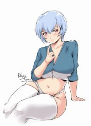 Rule 34 | 1girl, alternate breast size, ayanami rei, blue hair, breasts, collarbone, cropped jacket, curvy, hair between eyes, highres, large breasts, leaning to the side, looking away, looking to the side, midriff, navel, neon genesis evangelion, panties, partially unzipped, plump, red eyes, relaxjon, short hair, sideways glance, signature, simple background, sitting, skindentation, thighhighs, underwear, white background, white panties, white thighhighs