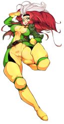 Rule 34 | 10s, 1girl, belt, bodysuit, boots, cameltoe, emblem, full body, gloves, green eyes, hair antennae, headband, highres, jacket, looking at viewer, marvel, multicolored hair, red hair, rogue (x-men), simple background, slugbox, solo, thigh boots, thighhighs, two-tone hair, white hair, x-men, yellow gloves