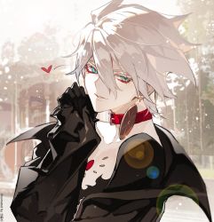 Rule 34 | 1boy, alternate costume, bishounen, black gloves, black jacket, blue eyes, chest jewel, earrings, eyeshadow, fate/apocrypha, fate/grand order, fate (series), gem, gloves, hand on own cheek, hand on own face, heart, highres, jacket, jewelry, karna (fate), looking at viewer, makeup, male focus, open clothes, open jacket, pale skin, red eyeshadow, single earring, smile, solo, sqloveraven, upper body, white hair