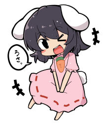 Rule 34 | +++, 1girl, alternate eye color, animal ears, barefoot, black eyes, black hair, blush, carrot necklace, chibi, commentary request, dress, floppy ears, frilled sleeves, frills, full body, inaba tewi, jewelry, looking at viewer, necklace, one eye closed, ooyama bokuchi, open mouth, pink dress, rabbit ears, rabbit girl, rabbit tail, ribbon-trimmed dress, short hair, short sleeves, simple background, smile, solo, tail, teeth, touhou, translation request, upper teeth only, white background