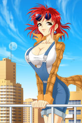 Rule 34 | 1girl, breasts, brown eyes, day, earrings, formal, glasses, jewelry, large breasts, overalls, railing, red hair, shirt, short hair, sky, smile, solo, suit, town