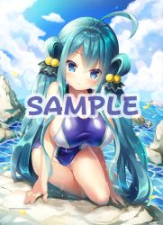 Rule 34 | 1girl, ahoge, aqua hair, artist name, blue eyes, breasts, closed mouth, cloud, competition swimsuit, flower knight girl, hair ornament, hair rings, isogiku (flower knight girl), large breasts, long hair, looking at viewer, mole, mole under eye, ocean, one-piece swimsuit, rock, sample watermark, sideboob, sidelocks, sky, smile, solo, sorimura youji, swimsuit, twintails, watermark