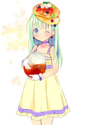 Rule 34 | 1girl, aqua eyes, blueberry, carrying, choker, collarbone, dress, food, food on head, fruit, green hair, hair ornament, long hair, looking at viewer, object on head, one eye closed, original, pancake, piyodera mucha, solo, strawberry, syrup, yellow dress