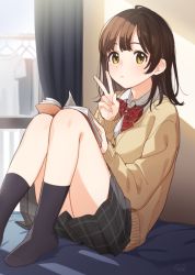 Rule 34 | 1girl, bed, black socks, book, booota, bow, bowtie, brown eyes, brown hair, cardigan, closed mouth, collared shirt, curtains, female focus, hige wo soru. soshite joshikousei wo hirou., indoors, knees up, long sleeves, looking at viewer, medium hair, ogiwara sayu, on bed, plaid, plaid skirt, pleated skirt, reading, red bow, red bowtie, school uniform, shirt, sitting, skirt, socks, solo, uniform, v, white shirt, window