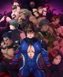 6+boys abs bara bulge crotch male_focus multiple_boys muscular nude pectorals pointy_ears restrained scar tagme tentacles tentakun torn_clothes