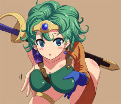 Rule 34 | 1girl, asymmetrical clothes, blue eyes, breast hold, breasts, circlet, curly hair, dragon quest, dragon quest iv, gloves, grabbing own breast, green hair, heroine (dq4), hyakuen raitaa, leaning forward, looking at viewer, medium breasts, short hair, solo, sword, tongue, tongue out, weapon