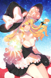 Rule 34 | 1girl, apron, black bow, black hat, black skirt, blonde hair, blue background, bow, braid, breasts, cleavage, hair bow, hat, hat bow, highres, kirisame marisa, looking at viewer, medium breasts, multicolored eyes, open mouth, red eyes, roh nam kyung, side braid, skirt, skirt set, smile, solo, star (symbol), touhou, waist apron, white bow, witch hat, yellow eyes