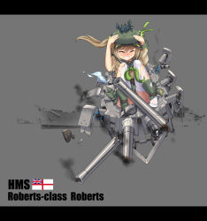Rule 34 | 1girl, absurdres, animal ears, blonde hair, cat ears, character name, crab, english text, green eyes, highres, letterboxed, neckerchief, official art, photo background, pleated skirt, roberts (warship girls r), royal navy, school uniform, serafuku, side ponytail, sirills, skirt, solo, thighhighs, torn clothes, torn thighhighs, turret, warship girls r, zhan jian shaonu