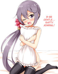 Rule 34 | 1girl, aikawa ryou, akebono (kancolle), bell, black thighhighs, blush, covering privates, d;, flower, hair bell, hair flower, hair ornament, hard-translated, highres, jingle bell, kantai collection, long hair, no shoes, nude, nude cover, hugging object, one eye closed, open mouth, pillow, pillow hug, purple eyes, purple hair, shitty admiral (phrase), side ponytail, simple background, solo, thighhighs, third-party edit, translated, tsundere, v-shaped eyebrows, very long hair, white background