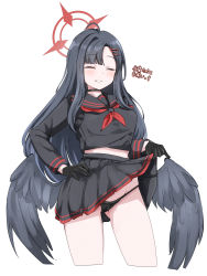 Rule 34 | 1girl, black choker, black gloves, black hair, black panties, black sailor collar, black serafuku, black skirt, black wings, blue archive, blunt bangs, blush, cameltoe, choker, closed eyes, clothes lift, contrapposto, cropped legs, gloves, gluteal fold, groin, hair ornament, hairclip, halo, hand on own hip, highres, holding, ichika (blue archive), lace, lace-trimmed panties, lace trim, lifted by self, long hair, long sleeves, low wings, machismo fuji, midriff, neckerchief, panties, parted lips, pleated skirt, red neckerchief, sailor collar, school uniform, serafuku, sidelocks, simple background, skirt, skirt lift, smile, solo, swept bangs, thighs, translation request, underwear, white background, wings