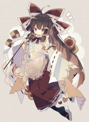Rule 34 | 1girl, :t, adapted costume, ahoge, alternate costume, apron, arm ribbon, black legwear, bow, bowtie, brown hair, commentary, detached sleeves, frilled apron, frilled bow, frilled hair tubes, frilled shirt, frills, full body, gohei, hair tubes, hakurei reimu, hat, hat bow, highres, holding, holding gohei, long hair, looking at viewer, maid, midriff, nikorashi-ka, okobo, pout, purple eyes, red bow, red skirt, ribbon, ribbon-trimmed bow, ribbon-trimmed sleeves, ribbon trim, sandals, shirt, skirt, solo, touhou, v-shaped eyebrows, very long hair, waist apron, white shirt, white sleeves, wide sleeves