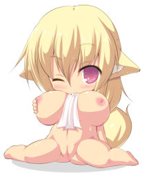 Rule 34 | 1girl, animal ears, blonde hair, blush, breasts, chibi, cleft of venus, full body, huge breasts, kourourin, looking at viewer, mouth hold, naked towel, nipples, nude, one eye closed, original, purple eyes, pussy, smile, solo, tail, towel, uncensored