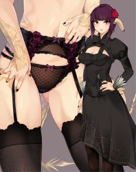Rule 34 | 1girl, absurdres, au ra, warrior of light (ff14), black bow, black lips, black nails, black panties, black thighhighs, blunt bangs, blush, bow, bow panties, breasts, cleavage, feather-trimmed sleeves, feather trim, feathers, final fantasy, final fantasy xiv, fingernails, flower, frilled garter belt, frilled panties, frills, garter belt, grey background, hair flower, hair ornament, hand on own hip, highres, horn ornament, horn ring, horns, jovejun, light blush, lingerie, long eyelashes, nail polish, navel, panties, parted lips, purple bow, purple eyes, purple flower, purple hair, red flower, scales, see-through, short hair, simple background, solo, tail, thighhighs, underwear