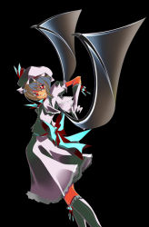 Rule 34 | 1girl, bat wings, black background, black socks, dress, female focus, from side, kneehighs, looking at viewer, looking to the side, noi (noi 2y), outstretched arm, puffy short sleeves, puffy sleeves, red eyes, remilia scarlet, short hair, short sleeves, silver hair, simple background, socks, solo, standing, thighhighs, touhou, white dress, wings, zettai ryouiki