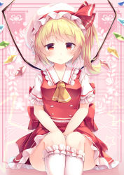 Rule 34 | 1girl, absurdres, ascot, blonde hair, blush, breasts, closed mouth, commentary request, crystal, fang, feet out of frame, flandre scarlet, frilled shirt collar, frills, hat, hat ribbon, highres, kanzakietc, kneehighs, light smile, looking at viewer, mob cap, one side up, petticoat, pink background, puffy short sleeves, puffy sleeves, red eyes, red ribbon, red skirt, red vest, ribbon, shirt, short hair, short sleeves, skirt, small breasts, socks, solo, star (symbol), swept bangs, tareme, touhou, v arms, vest, white hat, white shirt, white socks, wings, yellow ascot