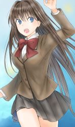 Rule 34 | 10131310, 1girl, aozaki aoko, arm up, black skirt, blazer, blue eyes, bow, bowtie, breasts, brown hair, brown jacket, buttons, collared shirt, commentary request, hair intakes, highres, jacket, long hair, long sleeves, looking away, mahou tsukai no yoru, medium breasts, miniskirt, open mouth, pleated skirt, red bow, school uniform, shirt, skirt, solo, teeth, uniform, upper teeth only, very long hair, white shirt
