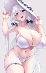 Rule 34 | 1girl, ahoge, armpit crease, armpit focus, armpits, azur lane, bare shoulders, bikini, blue eyes, blush, breasts, cleavage, collarbone, grey background, hat, highres, huge breasts, illustrious (azur lane), long hair, looking at viewer, mole, mole under eye, navel, open mouth, smile, solo, sun hat, swimsuit, thighlet, thighs, tri tails, wee (weeyy), white bikini, white hair, white hat