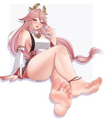 Rule 34 | 1girl, absurdres, anklet, barefoot, blush, feet, genshin impact, highres, jewelry, long hair, looking at viewer, nyiccco, parted lips, pink hair, purple eyes, soles, toes, yae miko