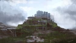 Rule 34 | algae, artist name, building, city, cityscape, commentary request, day, grass, grey sky, highres, mixed-language commentary, no humans, original, outdoors, overgrown, post-apocalypse, ruins, scenery, sky, tripdancer, wetland