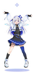 Rule 34 | 1girl, absurdres, amane kanata, amane kanata (work), angel wings, asymmetrical legwear, belt, black bow, black shirt, black skirt, black socks, blue hair, blue skirt, blue thighhighs, bow, fingerless gloves, full body, gloves, gradient legwear, gradient skirt, hair bow, hair ornament, hair over one eye, hairclip, hands up, highres, hololive, holster, jacket, jewelry, kazuma muramasa, legs apart, long hair, looking at viewer, multicolored hair, neck ruff, necklace, official alternate costume, open clothes, open jacket, open mouth, pleated skirt, purple eyes, shirt, shoes, sidelocks, signature, silver hair, single thighhigh, skindentation, skirt, smile, sneakers, socks, solo, streaked hair, swept bangs, teeth, thigh holster, thigh strap, thighhighs, uneven legwear, upper teeth only, virtual youtuber, white jacket, wings