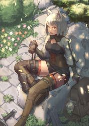 Rule 34 | 1girl, animal ear fluff, animal ears, backpack, bag, black thighhighs, blunt bangs, boots, breasts, brown thighhighs, corset, fang, flower, fox ears, garter straps, gloves, highres, janoukyo19, medium breasts, on floor, original, outdoors, partially fingerless gloves, shadow, short hair, sitting, solo, sunlight, sword, thigh boots, thighhighs, weapon, white hair, yellow eyes