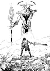 Rule 34 | 2others, blood, bloody weapon, commentary, english commentary, facing away, from behind, giant, giant monster, greyscale, hatching (texture), highres, holding, holding sword, holding weapon, monochrome, monster, multiple others, original, outdoors, standing, sword, tree, weapon, y naf
