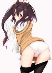 Rule 34 | 1girl, ahoge, ass, azur lane, black hair, black pantyhose, blouse, bow, brown eyes, clothes pull, commentary request, from behind, gradient background, hair bow, hair ribbon, highres, horns, isuzu (azur lane), leaning forward, long hair, looking at viewer, looking back, mochiyuki, oni horns, panties, pantyhose, pantyhose pull, pink background, pointy ears, ribbon, school uniform, shirt, side ponytail, simple background, sleeves past wrists, solo, underwear, very long hair, white background, white panties, white shirt