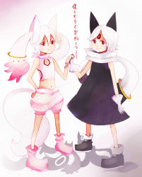 Rule 34 | 10s, 2girls, androgynous, animal ears, bad id, bad pixiv id, boots, creature, detached sleeves, different shadow, facial mark, forehead mark, gloves, hand on own hip, hip focus, juubey (madoka magica), kusayusaai, kyubey, mahou shoujo kazumi magica, mahou shoujo madoka magica, multiple girls, navel, personification, red eyes, scarf, silhouette, standing, tail, white hair