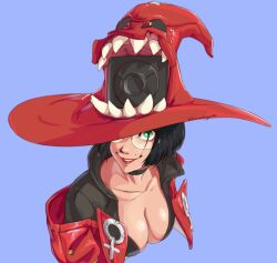Rule 34 | 1girl, black hair, blizzardingpike, breasts, cleavage, green eyes, grin, guilty gear, guilty gear strive, hat, i-no, large breasts, looking at viewer, mole, mole above mouth, red headwear, red leather, red lips, short hair, smile, upper body, venus symbol, witch hat