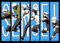 Rule 34 | 1boy, age progression, bandages, book, boots, detached sleeves, fingerless gloves, forehead protector, gloves, hatake kakashi, i (kaiyou), male focus, mask, multiple persona, naruto, naruto (series), running, short hair, silver hair, sword, tattoo, tears, vest, weapon, aged down
