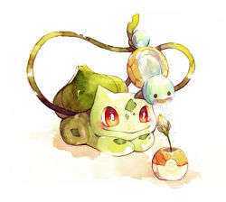 Rule 34 | blush, bright pupils, bulbasaur, closed mouth, creatures (company), flower, game freak, gen 1 pokemon, holding, holding watering can, lying, nintendo, oharu-chan, on stomach, painting (medium), plant, poke ball print, pokemon, pokemon (creature), red eyes, smile, solo, squirtle, traditional media, vines, watercolor (medium), watering, watering can