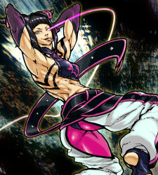 Rule 34 | 1girl, abs, armpits, arms up, ass, back, baggy pants, barefoot, belt, black hair, breasts, detached sleeves, drill hair, eyebrows, glowing, glowing eye, halterneck, halterneck, han juri, medium breasts, midriff, muscular, muscular female, pants, pantyhose, pink pantyhose, purple eyes, short hair, short twintails, sideboob, solo, street fighter, street fighter iv (series), toeless legwear, tongue, tongue out, twin drills, twintails, yellow eyes, youken