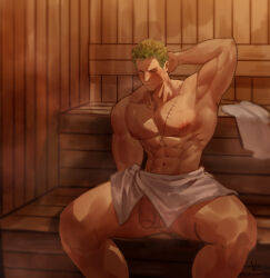 Rule 34 | 1boy, abs, alternate muscle size, arm behind head, bara, berrrrrrrr7171, blush, flaccid, foreskin, green hair, highres, large pectorals, long sideburns, male focus, muscular, muscular male, navel, nipples, one piece, pectorals, penis, penis peek, roronoa zoro, sauna, scar, scar across eye, scar on chest, short hair, shy, sideburns, solo, spread legs, stomach, sweat, thick thighs, thighs, topless male, very sweaty