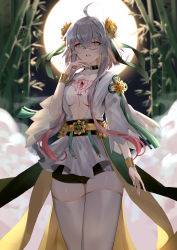 Rule 34 | absurdres, ahoge, bamboo, bamboo forest, black choker, black shorts, blush, bracelet, chest jewel, chest tattoo, choker, commentary, crossed bangs, eyeliner, feet out of frame, flower, forest, full moon, green eyes, grey hair, hair flower, hair ornament, hair ribbon, highres, jewelry, makeup, medium hair, moon, nature, no bra, original, plunging neckline, ribbon, sash, seizou hidzuke, shorts, skindentation, solo, symbol-only commentary, tattoo, thighhighs, white thighhighs