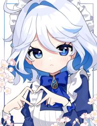 Rule 34 | 1girl, alternate costume, apron, blue bow, blue bowtie, blue eyes, bow, bowtie, commentary, drop-shaped pupils, english commentary, enmaided, floral background, furina (genshin impact), genshin impact, hair between eyes, heart, heart hands, heterochromia, highres, long hair, long sleeves, looking at viewer, maid, maid apron, maid headdress, mismatched pupils, miyako draw, multicolored hair, puffy long sleeves, puffy sleeves, sidelocks, simple background, solo, streaked hair, symbol-shaped pupils, two-tone hair, upper body, wavy hair, white hair