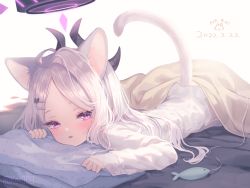 Rule 34 | 1girl, ahoge, animal ears, bed sheet, blanket, blue archive, blush, cat ears, cat girl, cat tail, cat teaser, commentary request, dated, hair ornament, hairclip, halo, highres, hina (blue archive), horns, kemonomimi mode, long hair, long sleeves, looking at viewer, lying, mixed-language commentary, nishiki koi, on bed, on stomach, parted bangs, parted lips, pillow, purple eyes, shirt, silver hair, simple background, sleeves past wrists, solo, tail, twitter username, under covers, weapon, white shirt