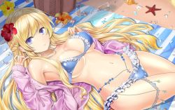 Rule 34 | 1girl, azur lane, beach, bikini, blonde hair, blue bikini, blue eyes, blue nails, braid, breasts, commentary request, earrings, flower, french braid, frilled bikini, frills, glorious (azur lane), hair flower, hair ornament, hair spread out, jacket, jewelry, large breasts, long hair, long sleeves, looking at viewer, lying, nail polish, navel, necklace, on back, parted lips, pink jacket, sleeves past wrists, solo, starfish, swimsuit, very long hair, y2
